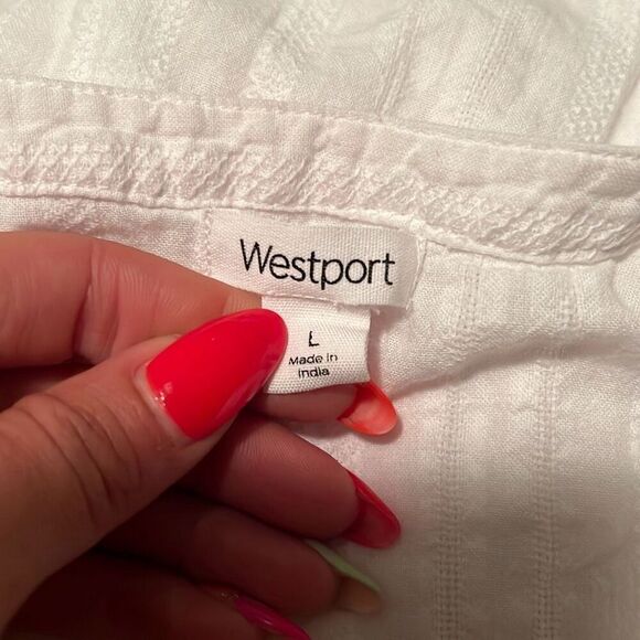 Westport Women's White Striped Lace Short Sleeve Neck Tie Top Size Large - Picture 6 of 7